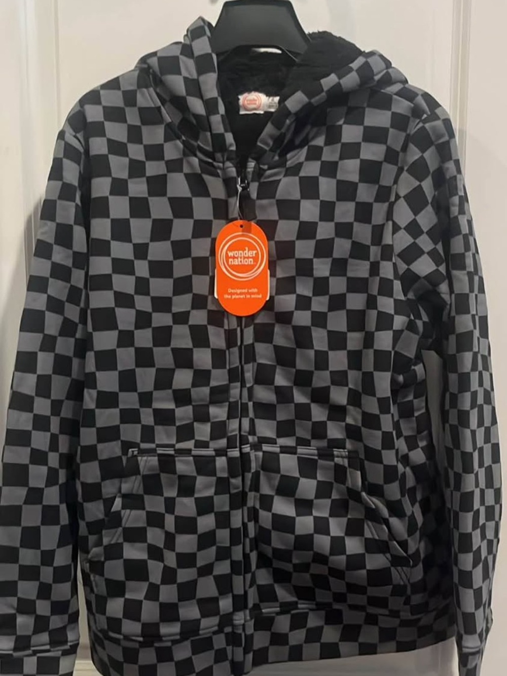 Wonder Nation Black & Gray Checkered Zip-Up Hoodie